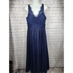 Hitherto Navy Blue Long Legnth Chiffon Lace Formal Dress Size 12 Satin Lined